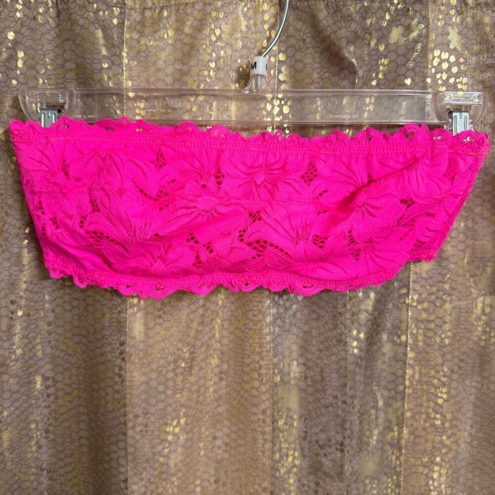 Aerie Real Power Beach Days Lace Unlined Bandeau Bra Neon Hot Pink 36B